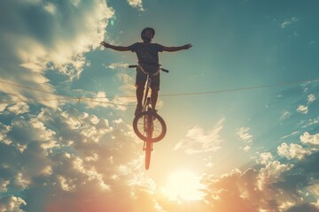 A cyclist navigates a tightrope, demonstrating remarkable balance and control in a thrilling display of skill, A unicyclist balancing effortlessly on a wire high above the ground, Ai generated