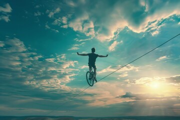 A cyclist navigates a tightrope, demonstrating remarkable balance and control in a thrilling display of skill, A unicyclist balancing effortlessly on a wire high above the ground, Ai generated
