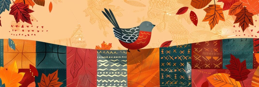 patchwork quilt - inspired illustration featuring Thanksgiving elements, using colorful fabric patterns to create a cozy and comforting design