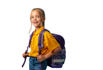 Cute girl with schoolbag smiling. Back to school. PNG file with transparency.  