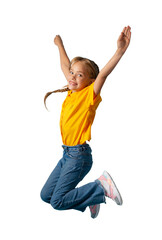 Cute happy girl jumping in the air. PNG file with transparency. 