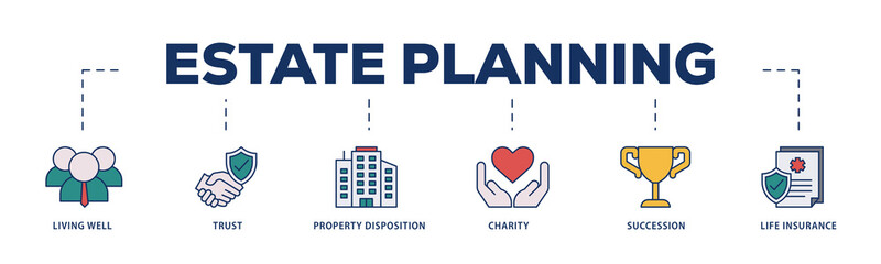 Estate planning icons process structure web banner illustration of living well, trust, property disposition, charity, succession, life insurance icon png transparent background.