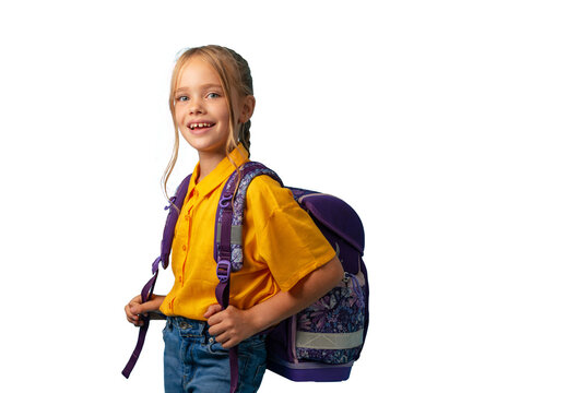 Cute girl with schoolbag smiling. Back to school. PNG file with transparency.  