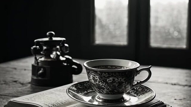 Video footage of monochrome photograph of a vintage, patterned teacup with a matching saucer placed on an open book
