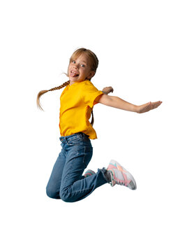 Cute happy girl jumping in the air. PNG file with transparency. 