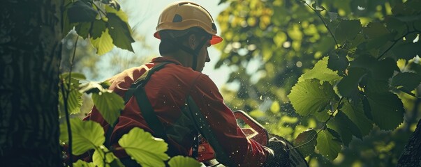 Arborist in bright yellow helmet climbing a tall tree.