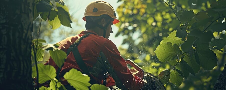 Arborist in bright yellow helmet climbing a tall tree.