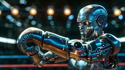 Fototapeta premium Robot Boxer Throwing Punch: A metallic robot in the ring, delivering a powerful punch towards its opponent. 