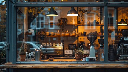 Neutral-toned coffee shop window scene with a smooth section for text