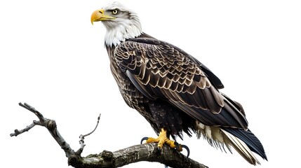 Obraz premium Majestic Bald Eagle Perched on Branch with Detailed Feathers on White Background