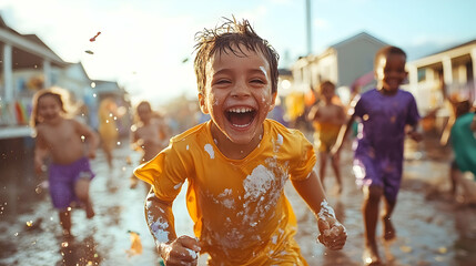 Children and their parents playing joyfully together in a park and fountain during summer