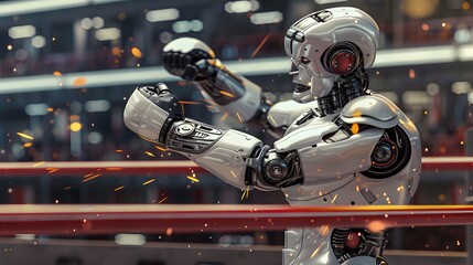 Fototapeta premium Robot Boxer Throwing Punch: A metallic robot in the ring, delivering a powerful punch towards its opponent. 