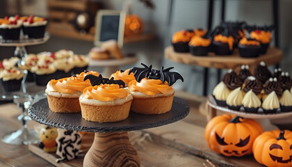 Delicious Halloween themed desserts on wooden table