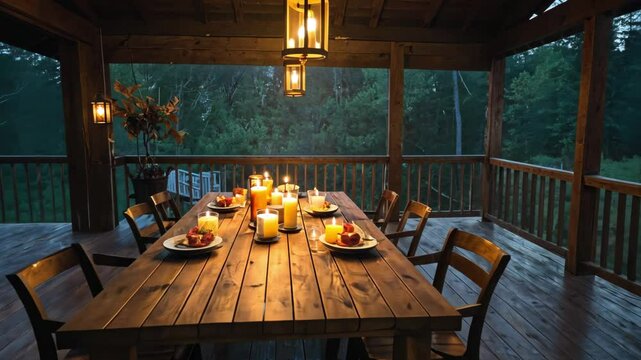 Video footage of outdoor dining area on a wooden deck during the evening,setting is serene and inviting, with a large wooden table set for a meal