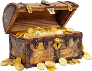 Open treasure chest full of gold coins