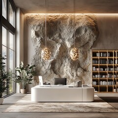 Modern office space, cozy and contemporary, soft natural hues, white desk, stone wall with LED lighting, elegant pendant light fixtures, plush large rug, floor lamps, exquisite cha