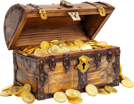 Open treasure chest full of gold coins