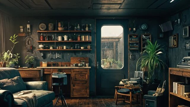 Video footage of well organized interior space to be a combination of a living room and kitchen, room has dark blue walls