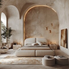 Stylish and cozy contemporary bedroom, natural soft tones, white bulky curved bed, stone side tables, pendant light fixtures on both sides, plush large rug, floor lamps, beautiful