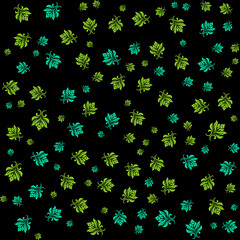 Seamless pattern of green floral designs on a black background.