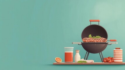 Labor Day BBQ, grill with food, flat design illustration