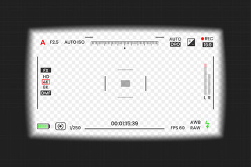 Camera viewfinder video or photo frame recorder flat style design vector illustration. Digital camera viewfinder with exposure settings and focusing grid template.