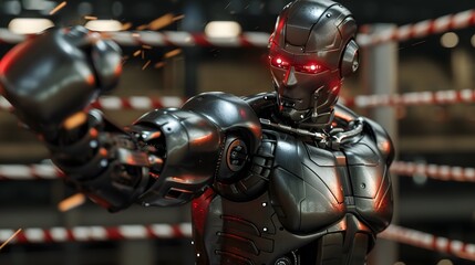 Robot Boxer Throwing Punch: A metallic robot in the ring, delivering a powerful punch towards its opponent.
