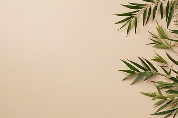 Fototapeta premium Bamboo leaves elegantly placed along the edges of a warm beige background, leaving the middle blank for a natural beauty product presentation. Made with generative AI technology