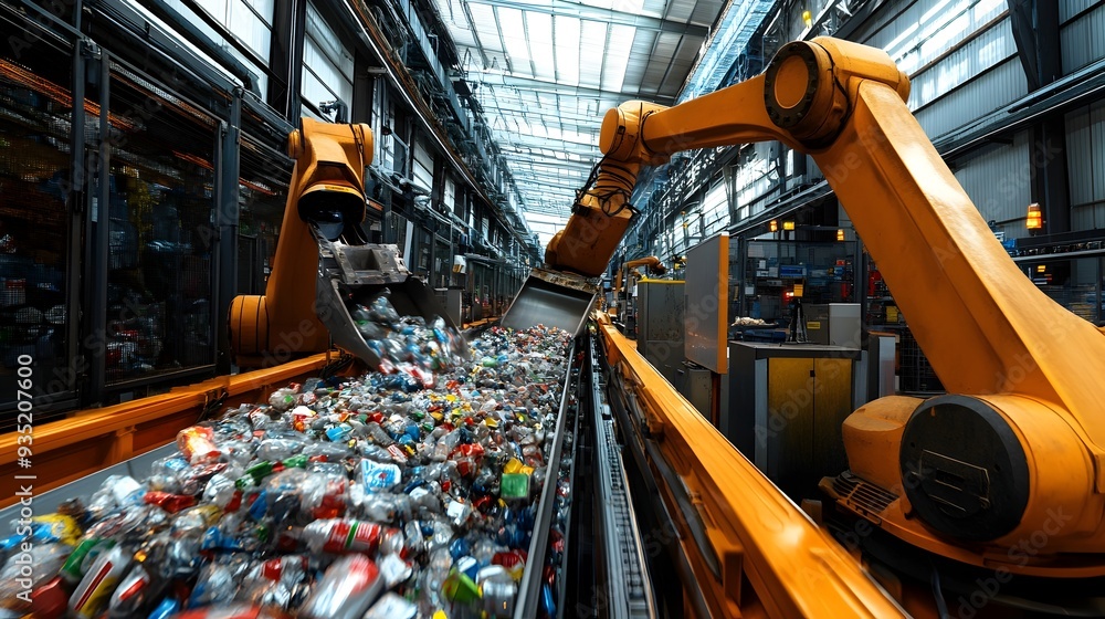 Poster automated recycling sorting system with robotic arms and sensors in action an efficient