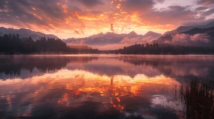 Naklejka premium 2. A breathtaking sunrise at Lake Geroldsee, with the calm lake mirroring the warm hues of the morning sky. The picturesque setting of Wagenbruechsee in Kruen, near Garmisch-Partenkirchen, Upper