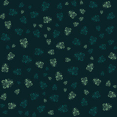 Seamless pattern of green floral designs on a dark green background.