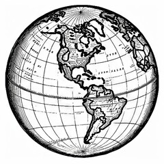 Black and White Vintage Illustration of a Globe Showing North and South America