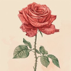 illustration of a red rose with thorny stems and green leaves