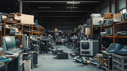 Naklejka premium Sustainable Electronic Waste Recycling Facility Dismantling and Repurposing Old Computers Phones and Appliances for a Greener Future