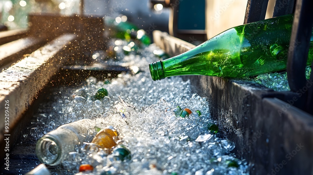 Aufkleber glass bottles being fed into an industrial crusher with the resulting shards and fragments being col
