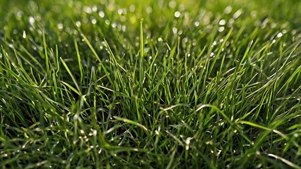Obraz premium Green fresh close-up view of wet grass with drops of water on it, freshness and sunlight reflection, heat and humidity fresh vibe