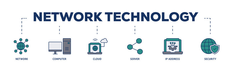 Network technology icons process structure web banner illustration of network, computer, cloud, server, ip address and security icon png transparent background.