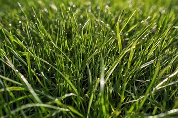 Obraz premium Green fresh close-up view of wet grass with drops of water on it, freshness and sunlight reflection, heat and humidity fresh vibe