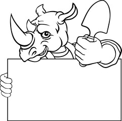 A gardener, farmer or handyman rhino cartoon mascot man holding a gardening tool