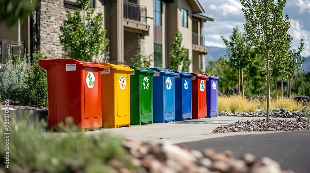 Poster a row of color coded recycling bins strategically placed in a community setting with clear signage i