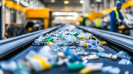 Conveyor belt in a recycling plant sorting through plastics metals and paper waste materials for efficient processing and reuse  Workers in the background oversee the automated sorting and recovery