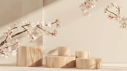 3. Wooden geometric podium stand on a soft pastel beige background, highlighted by a spring flowering tree branch with white flowers. This elegant and minimalistic setup is ideal for showcasing
