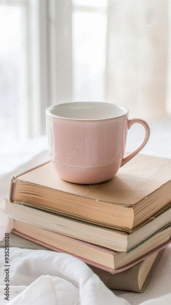 Aufkleber A delicate white mug sits atop a stack of old books, creating a warm and inviting atmosphere in a bright, softly lit room. The setting suggests a serene reading moment