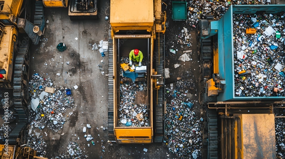 Aufkleber workers operating recycling machines in an industrial recycling plant sorting and processing various