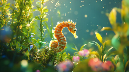 A tiny seahorse drifting among sea plants cute animal