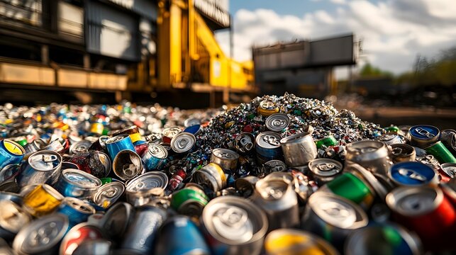 A photograph of a large pile of crushed aluminum cans ready to be processed and recycled with industrial machinery visible in the background