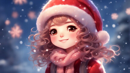 Chibi anime girl wearing Santa hat on soft focus background