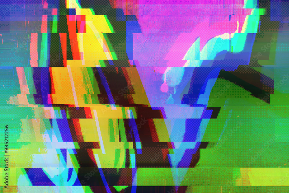 Aufkleber abstract green, blue, yellow motion glitch art background. distorted shapes, pixelated textures. dit