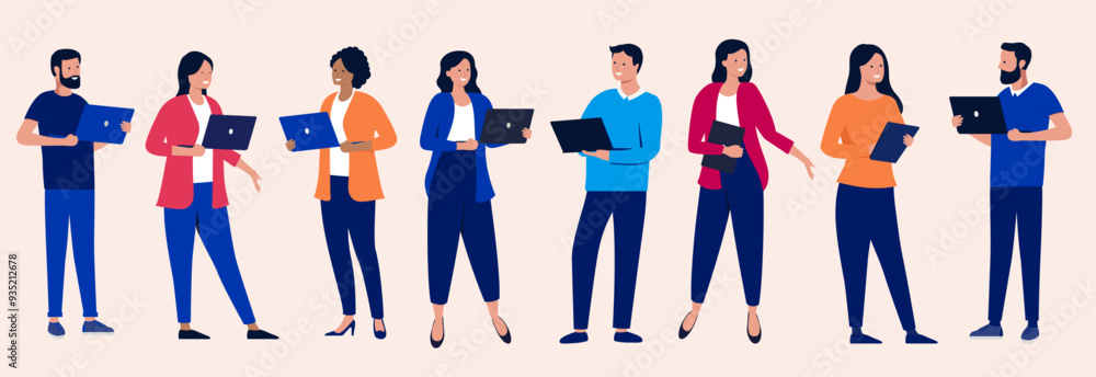 Poster vector people with laptops collection - set of business characters working in office using computers