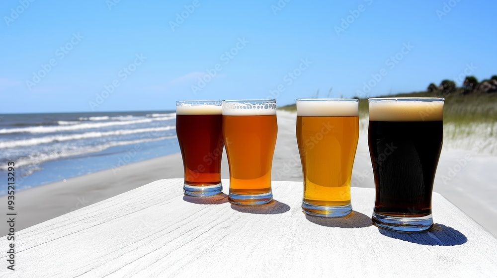 Poster four different types of beer are lined up on a table on a beach. the beers are in tall glasses and a